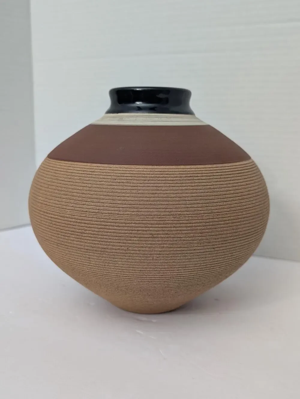 Renee Margolin Studio Pottery Vase Fine Grooved Sphere Ceramic Art Piece